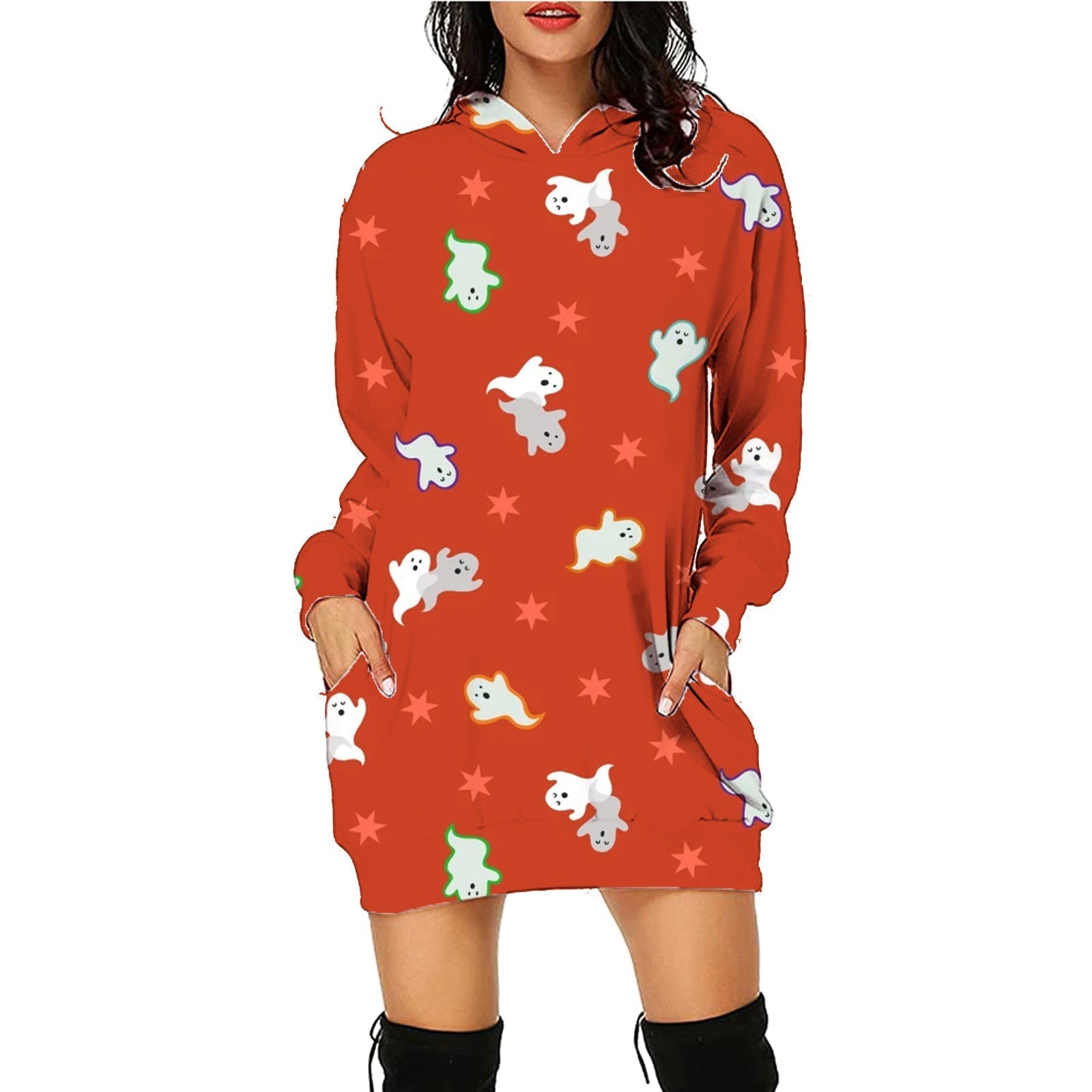 Halloween Print Long Hoodie With Pockets Sweater Long Sleeve Clothes Women SC11