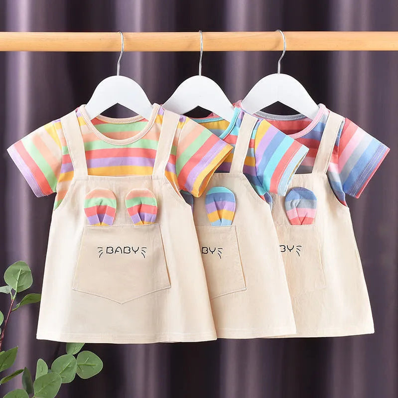 1-5Y Baby Girl Dress Colorful Striped Cute Toddler Princess Dress Cotton Children Clothing Short Sleeve Kid Girl Outfit A1134 Basso & Brooke