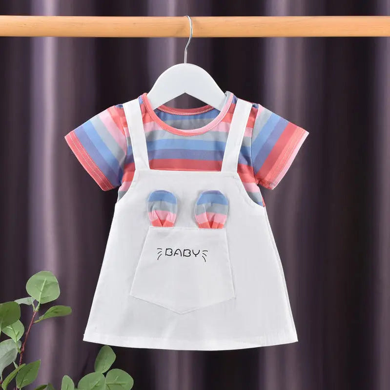 1-5Y Baby Girl Dress Colorful Striped Cute Toddler Princess Dress Cotton Children Clothing Short Sleeve Kid Girl Outfit A1134 WhiteC