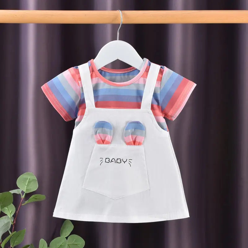 1-5Y Baby Girl Dress Colorful Striped Cute Toddler Princess Dress Cotton Children Clothing Short Sleeve Kid Girl Outfit A1134 WhiteC