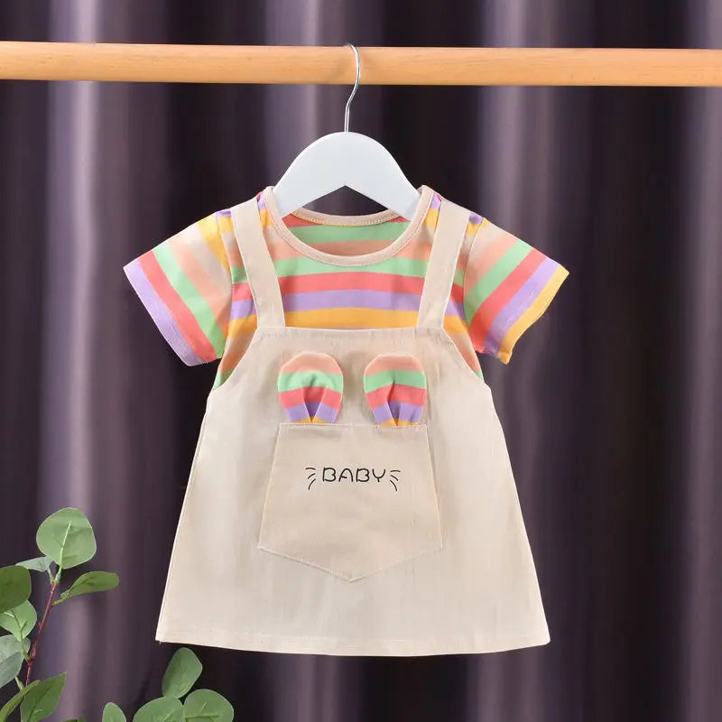 1-5Y Baby Girl Dress Colorful Striped Cute Toddler Princess Dress Cotton Children Clothing Short Sleeve Kid Girl Outfit A1134 YellowA
