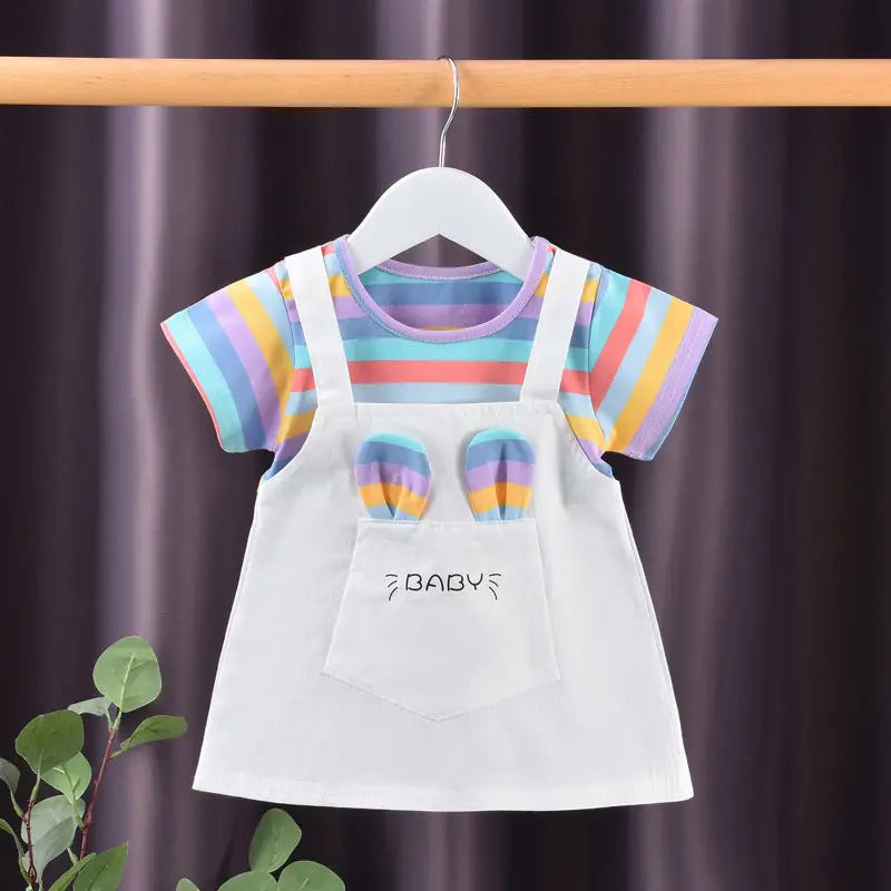 1-5Y Baby Girl Dress Colorful Striped Cute Toddler Princess Dress Cotton Children Clothing Short Sleeve Kid Girl Outfit A1134 WhiteB