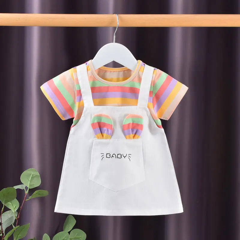 1-5Y Baby Girl Dress Colorful Striped Cute Toddler Princess Dress Cotton Children Clothing Short Sleeve Kid Girl Outfit A1134 WhiteA