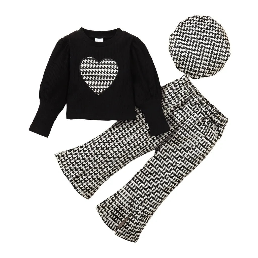 1-6 Year Kids Baby Girl Korean Style Clothes Set Love Heart Print Long Sleeve Top + Plaid Pants with Hat Fashion 3PCS Outfit 122208604