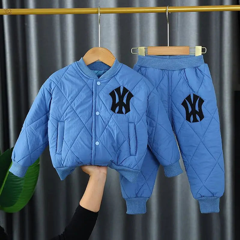 1-6Y Winter Thick Warm Boys Clothing Sets Baby Cotton Pocket Jacket Coats + Pants 2Pcs For Kid Tracksuit Children Clothes Outfit Blue