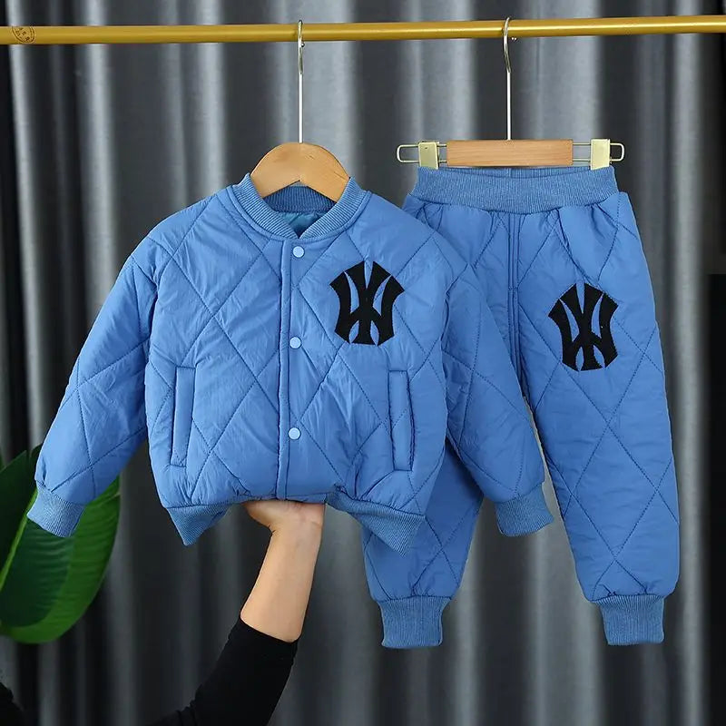 1-6Y Winter Thick Warm Boys Clothing Sets Baby Cotton Pocket Jacket Coats + Pants 2Pcs For Kid Tracksuit Children Clothes Outfit Blue