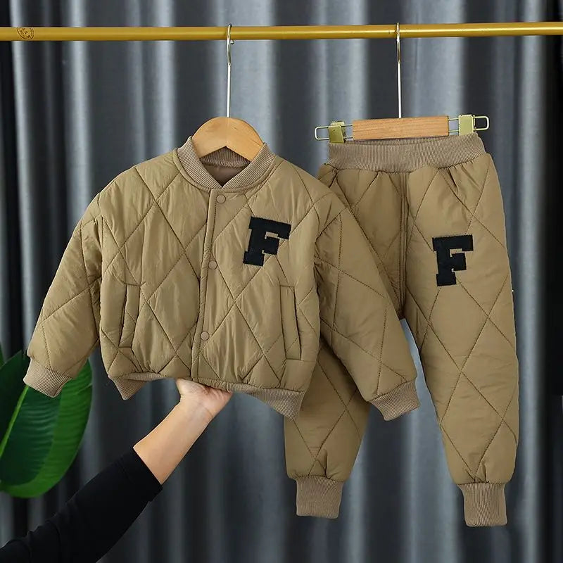 1-6Y Winter Thick Warm Boys Clothing Sets Baby Cotton Pocket Jacket Coats + Pants 2Pcs For Kid Tracksuit Children Clothes Outfit F style coffee color