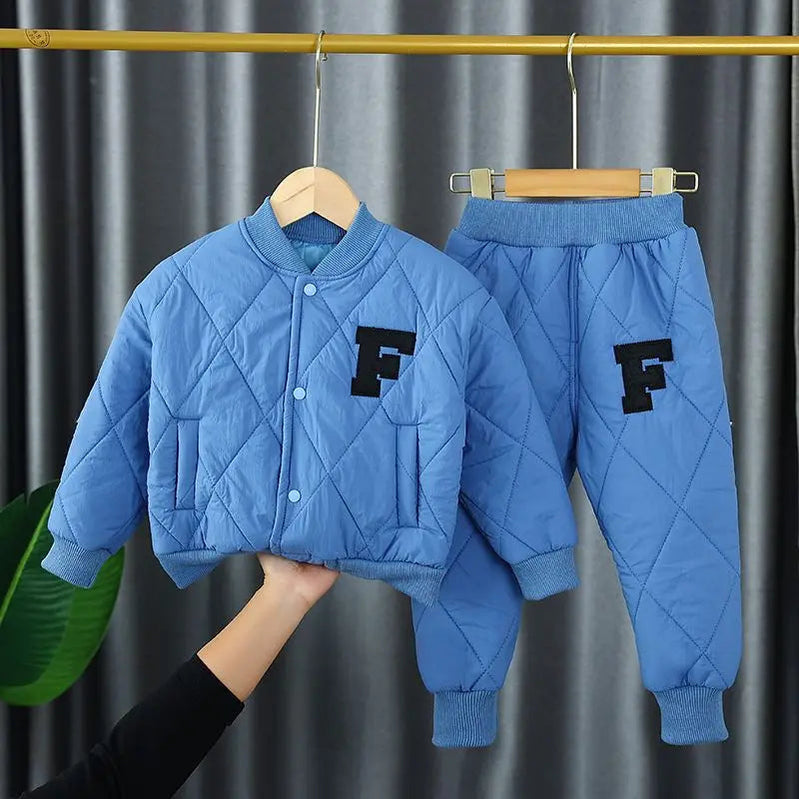 1-6Y Winter Thick Warm Boys Clothing Sets Baby Cotton Pocket Jacket Coats + Pants 2Pcs For Kid Tracksuit Children Clothes Outfit F-style blue