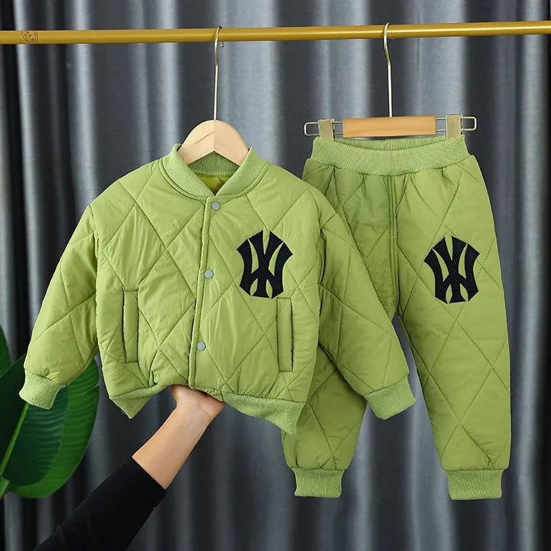 1-6Y Winter Thick Warm Boys Clothing Sets Baby Cotton Pocket Jacket Coats + Pants 2Pcs For Kid Tracksuit Children Clothes Outfit green