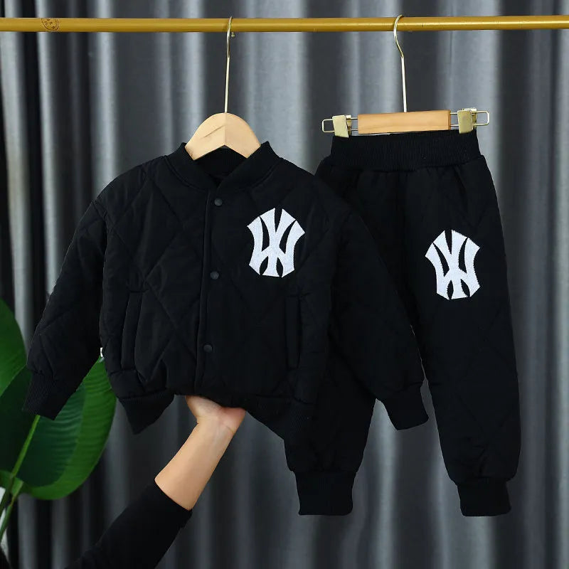 1-6Y Winter Thick Warm Boys Clothing Sets Baby Cotton Pocket Jacket Coats + Pants 2Pcs For Kid Tracksuit Children Clothes Outfit black