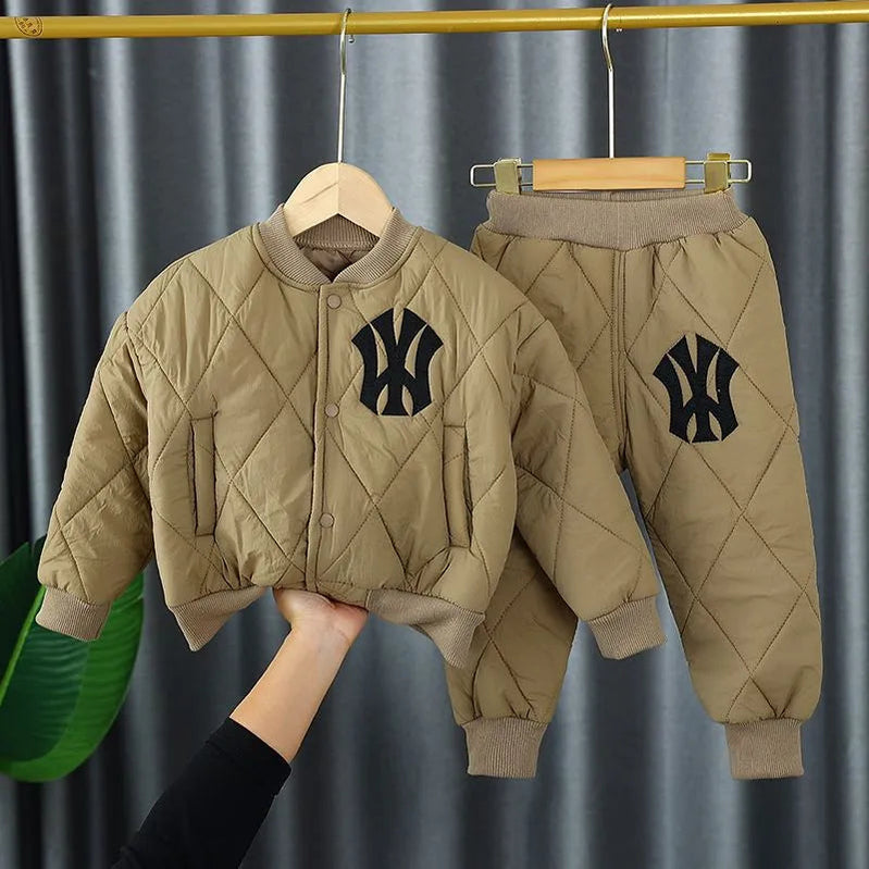 1-6Y Winter Thick Warm Boys Clothing Sets Baby Cotton Pocket Jacket Coats + Pants 2Pcs For Kid Tracksuit Children Clothes Outfit Khaki
