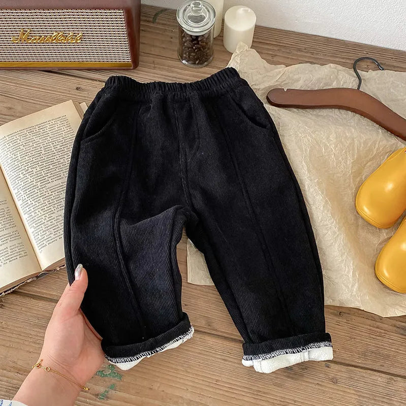 1-6Y Winter Warm Kids Pants Fur Lining Corduroy Fleece Boys Trousers Outerwear Clothing black CN