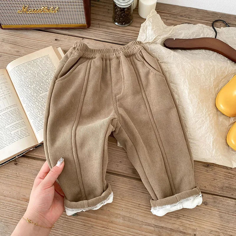 1-6Y Winter Warm Kids Pants Fur Lining Corduroy Fleece Boys Trousers Outerwear Clothing khaki CN