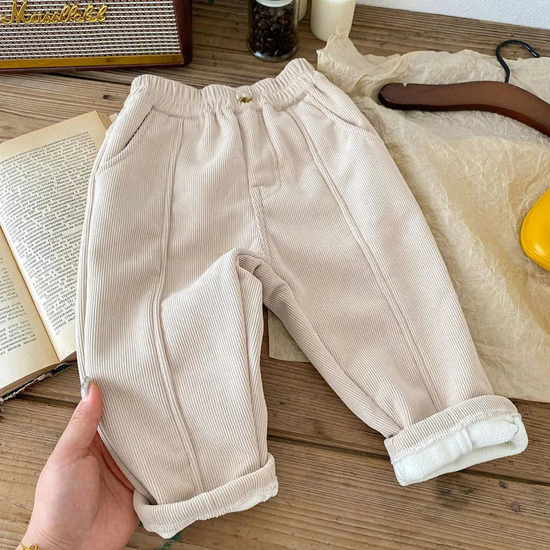 1-6Y Winter Warm Kids Pants Fur Lining Corduroy Fleece Boys Trousers Outerwear Clothing beige CN