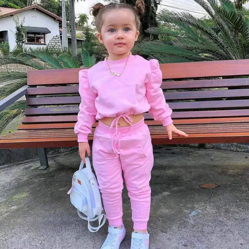 1-8Years Soild Kids Girl Child Suit Outfit Long Sleeve Crop Tops+Pants Sets Fashion Spring Autumn Baby Girl Clothes Suits Pink