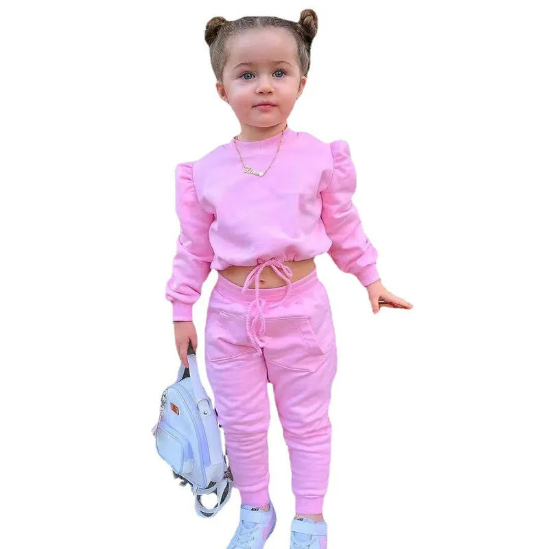 1-8Years Soild Kids Girl Child Suit Outfit Long Sleeve Crop Tops+Pants Sets Fashion Spring Autumn Baby Girl Clothes Suits