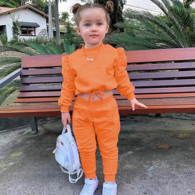 1-8Years Soild Kids Girl Child Suit Outfit Long Sleeve Crop Tops+Pants Sets Fashion Spring Autumn Baby Girl Clothes Suits Orange