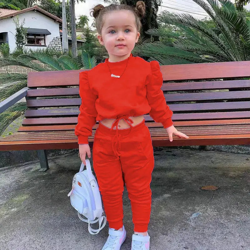 1-8Years Soild Kids Girl Child Suit Outfit Long Sleeve Crop Tops+Pants Sets Fashion Spring Autumn Baby Girl Clothes Suits Red