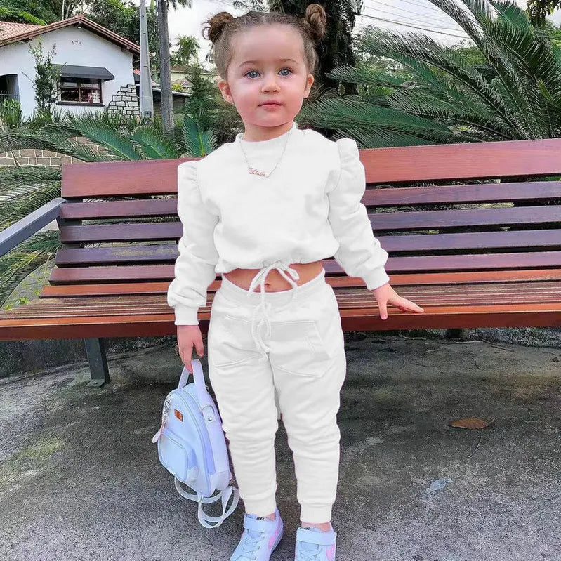1-8Years Soild Kids Girl Child Suit Outfit Long Sleeve Crop Tops+Pants Sets Fashion Spring Autumn Baby Girl Clothes Suits Ivory