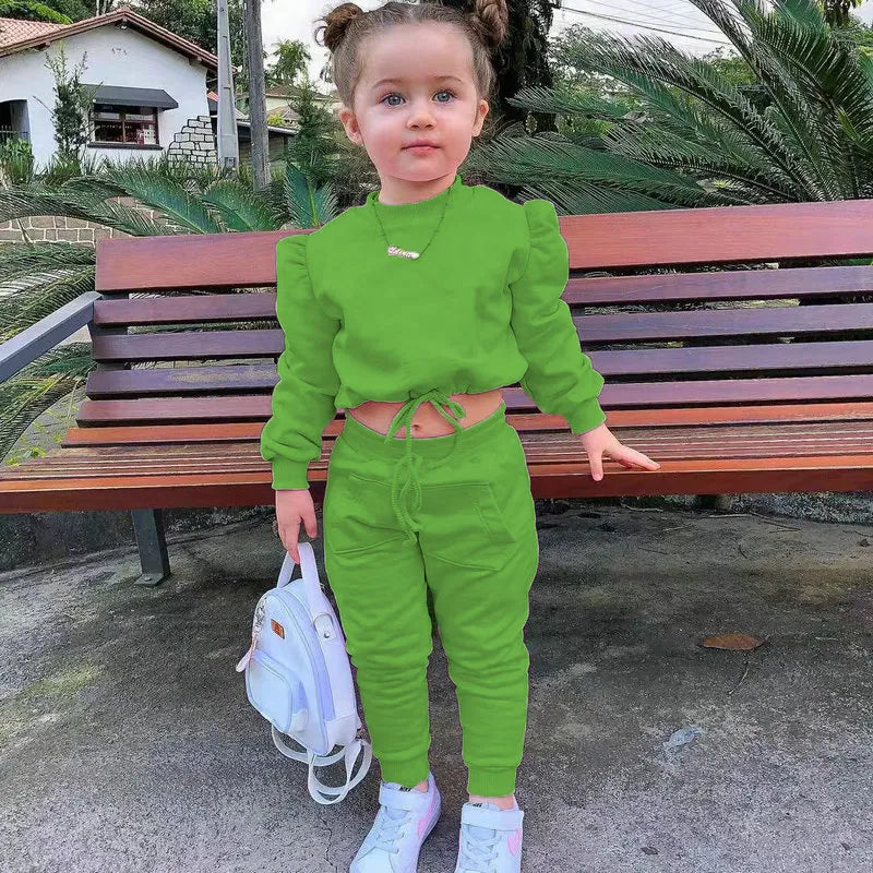 1-8Years Soild Kids Girl Child Suit Outfit Long Sleeve Crop Tops+Pants Sets Fashion Spring Autumn Baby Girl Clothes Suits green