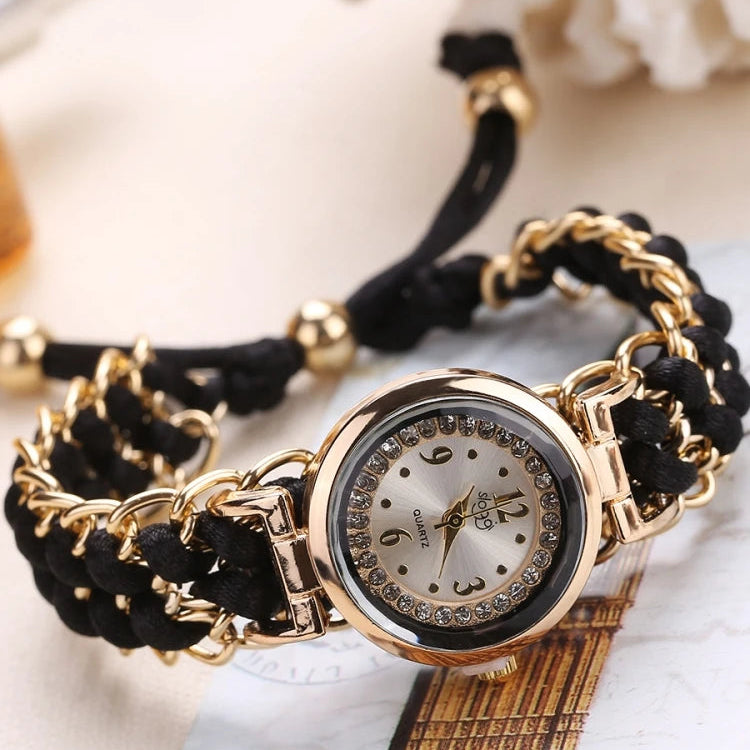 1 Personalized DIY Rhinestone Inlaid Dial, Retractable Women's Bracelet, Quartz Wristwatch black