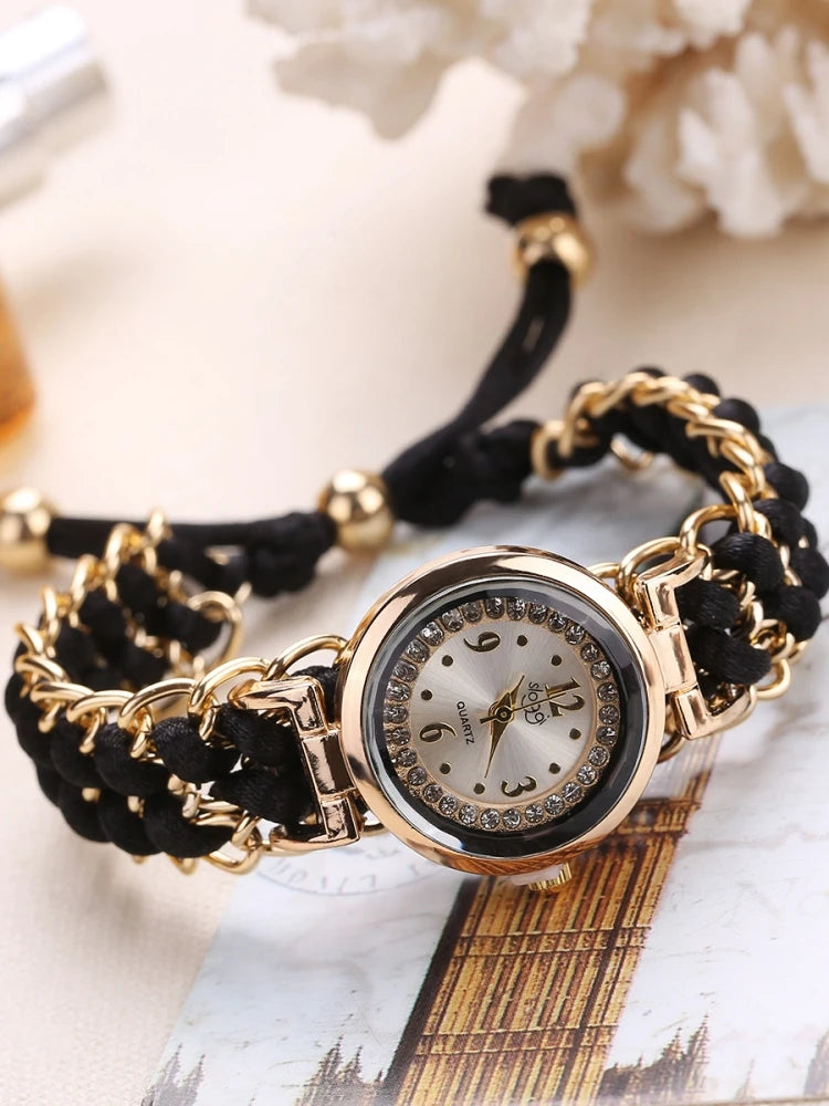 1 Personalized DIY Rhinestone Inlaid Dial, Retractable Women's Bracelet, Quartz Wristwatch black