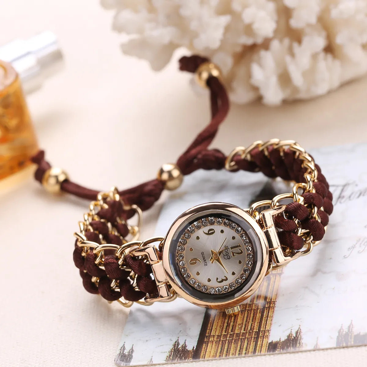 1 Personalized DIY Rhinestone Inlaid Dial, Retractable Women's Bracelet, Quartz Wristwatch Brown