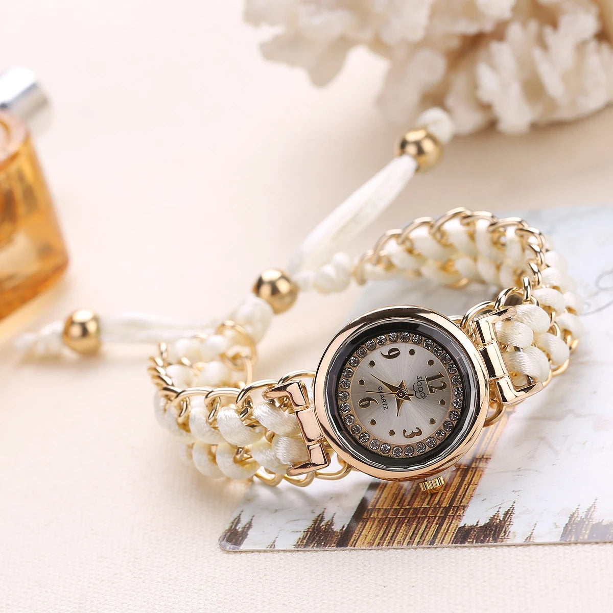 1 Personalized DIY Rhinestone Inlaid Dial, Retractable Women's Bracelet, Quartz Wristwatch WHITE