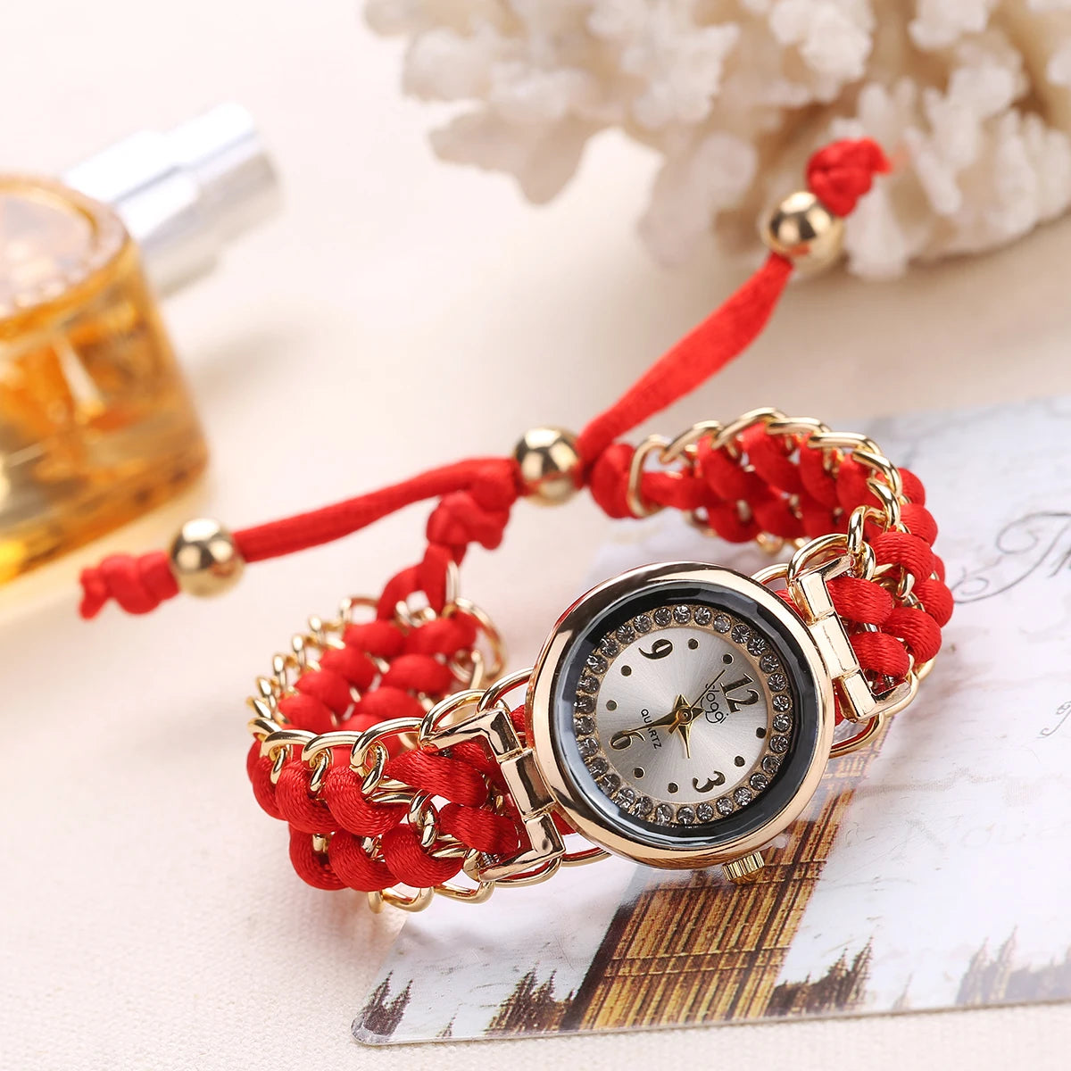 1 Personalized DIY Rhinestone Inlaid Dial, Retractable Women's Bracelet, Quartz Wristwatch Red