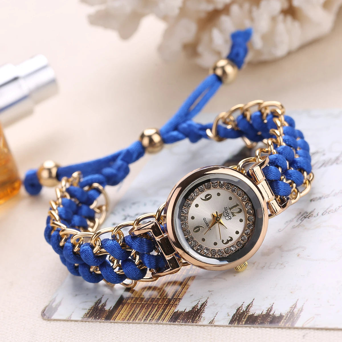 1 Personalized DIY Rhinestone Inlaid Dial, Retractable Women's Bracelet, Quartz Wristwatch Blue