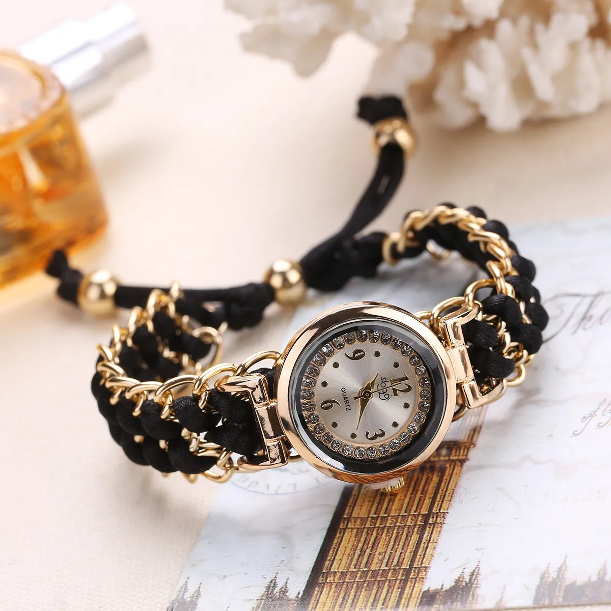 1 Personalized DIY Rhinestone Inlaid Dial, Retractable Women's Bracelet, Quartz Wristwatch