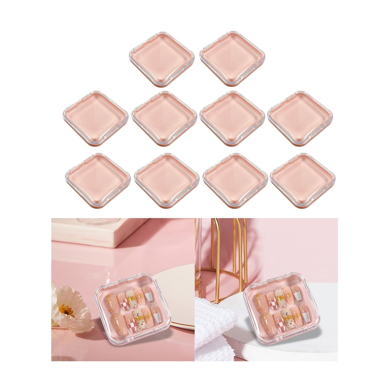 10 Pieces Press on Nail Storage Box 3x3inch Acrylic Nail Packing Box for Home Use Nail Salon Nail Display Case Pink