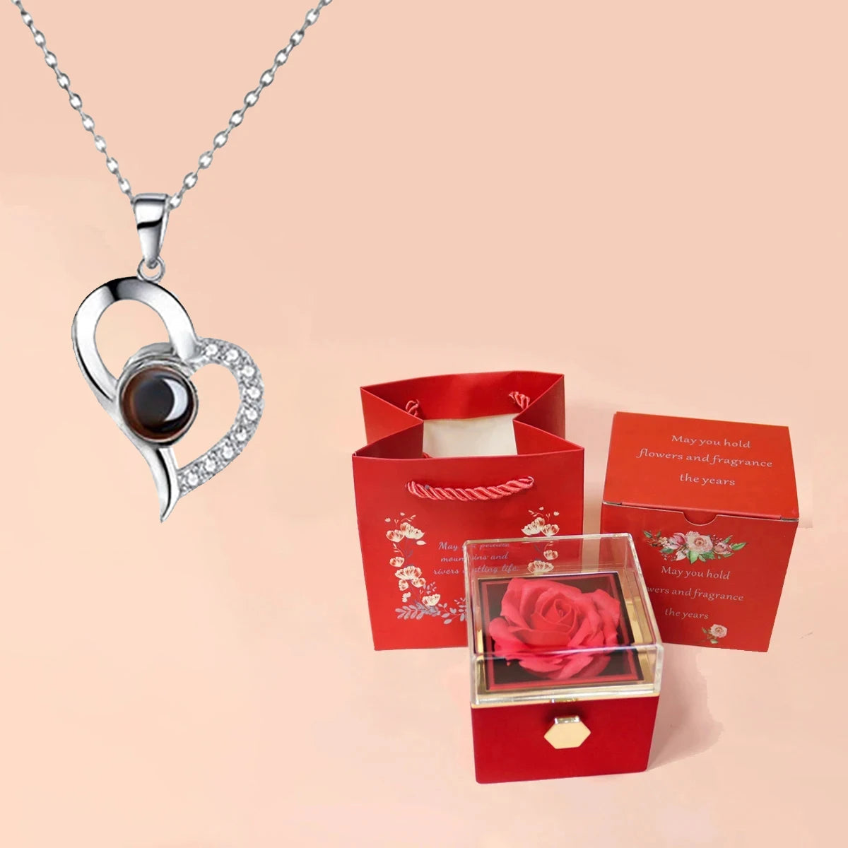 100 Languages I Love You Projection Heart Necklace With Rotating Rose Gift Box Hot Jewelry Set For Women Christmas Gifts silver-red 45cm