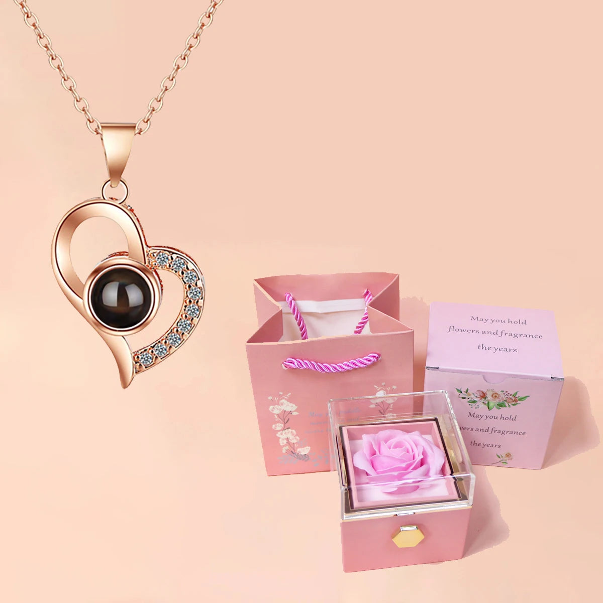 100 Languages I Love You Projection Heart Necklace With Rotating Rose Gift Box Hot Jewelry Set For Women Christmas Gifts gold-pink 45cm