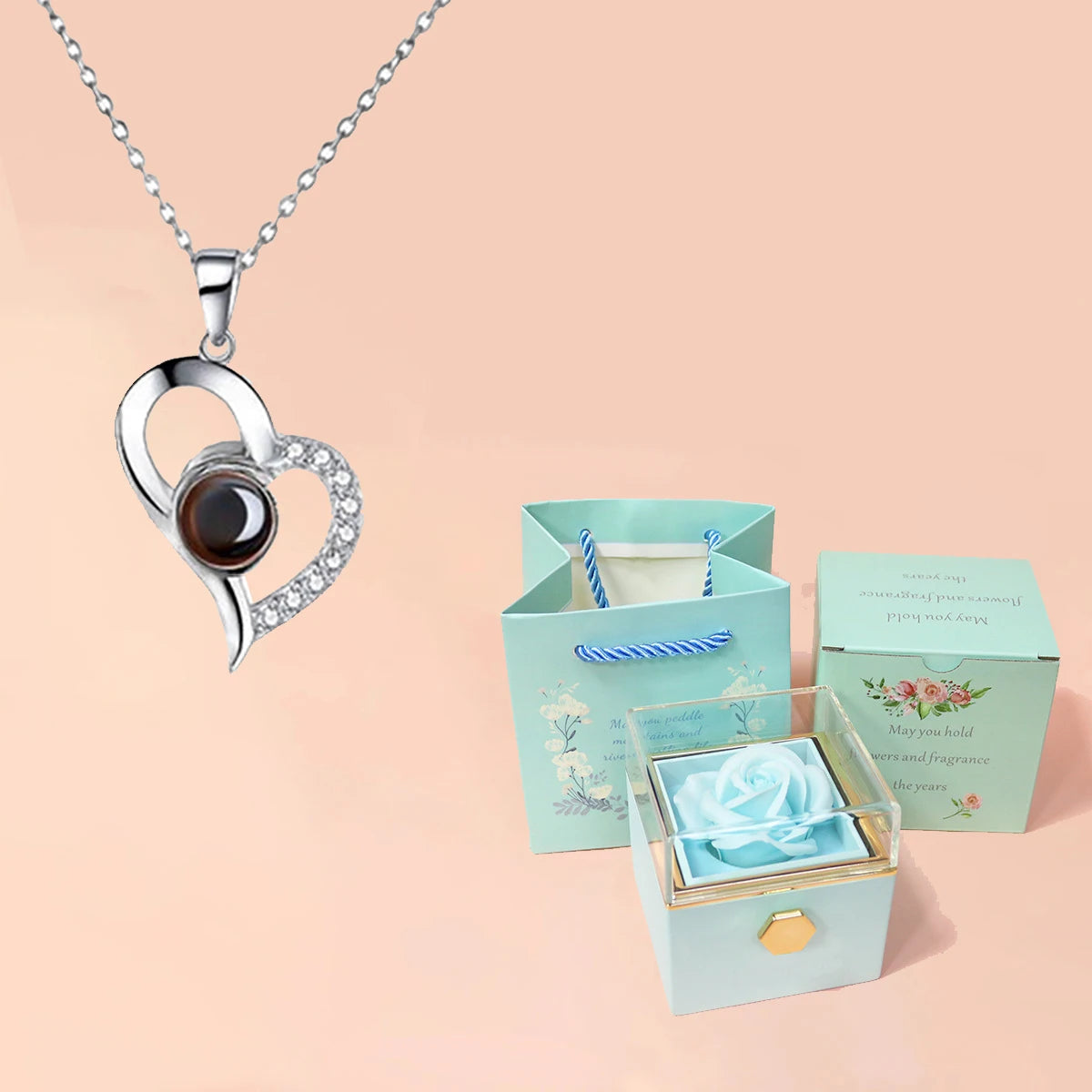 100 Languages I Love You Projection Heart Necklace With Rotating Rose Gift Box Hot Jewelry Set For Women Christmas Gifts silver-green 45cm