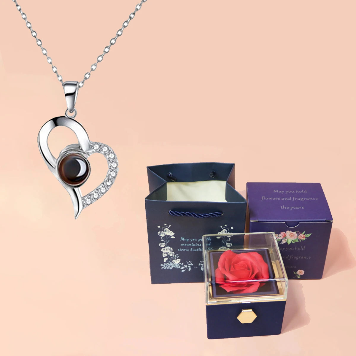 100 Languages I Love You Projection Heart Necklace With Rotating Rose Gift Box Hot Jewelry Set For Women Christmas Gifts silver-blue 45cm
