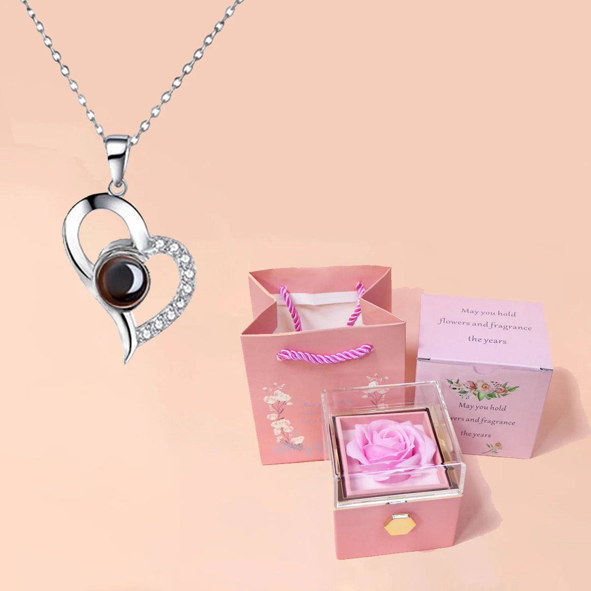 100 Languages I Love You Projection Heart Necklace With Rotating Rose Gift Box Hot Jewelry Set For Women Christmas Gifts silver-pink 45cm
