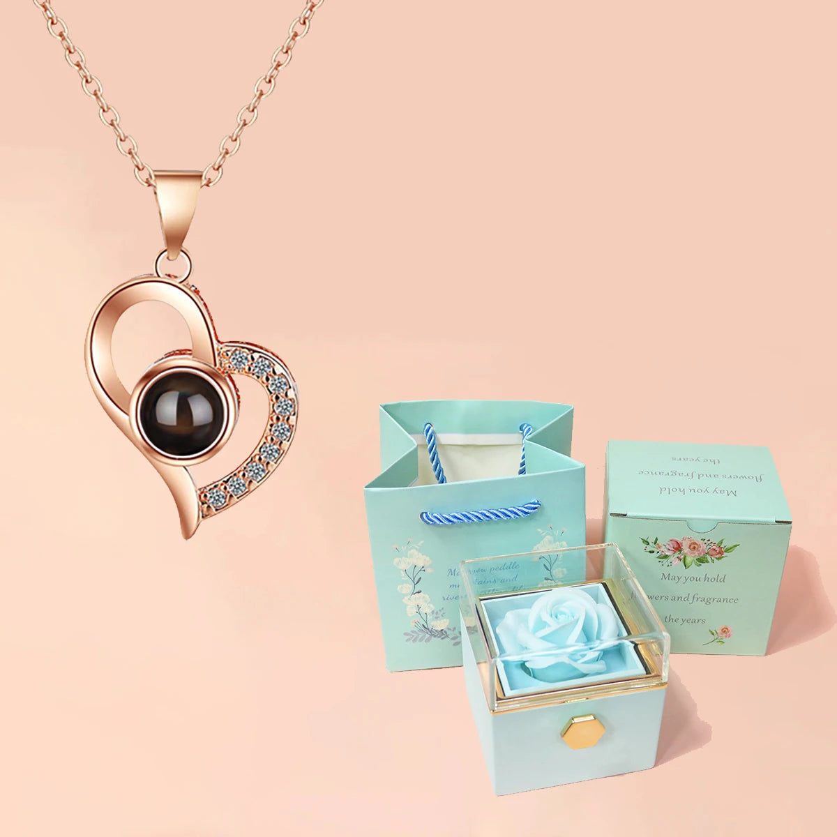 100 Languages I Love You Projection Heart Necklace With Rotating Rose Gift Box Hot Jewelry Set For Women Christmas Gifts gold-green 45cm