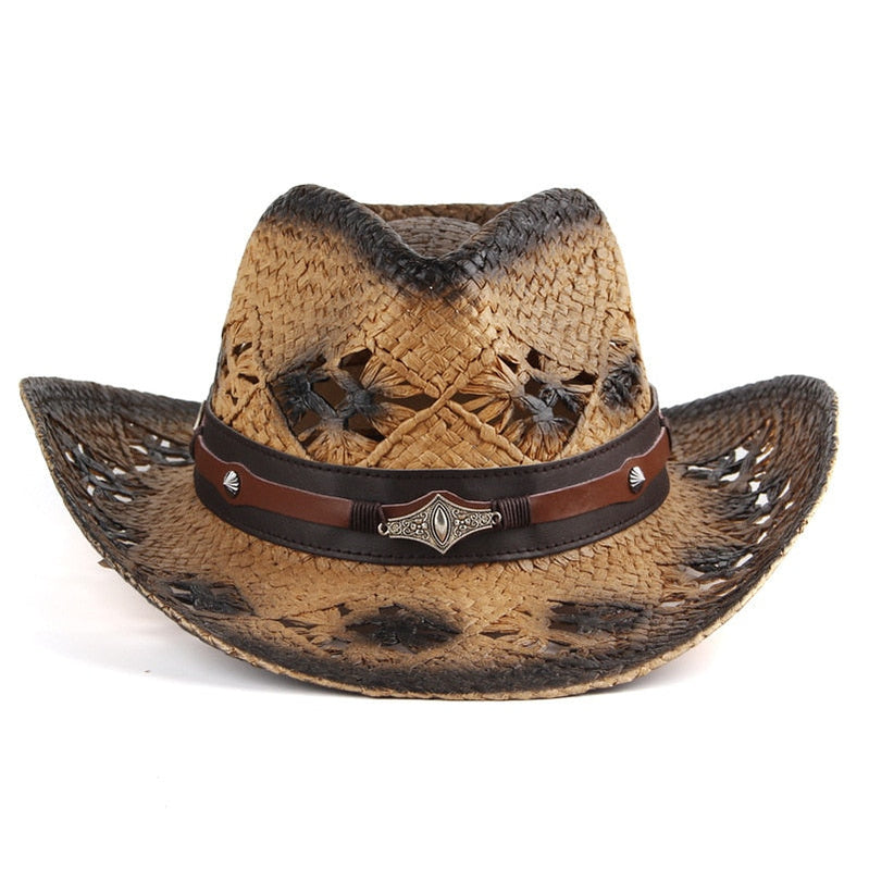 100% Natural Straw Women Men Western Cowboy Hat Summer Handmade Hollow Sombrero Hombre Beach Sun Hat Cowgirl Jazz Hat Default Title