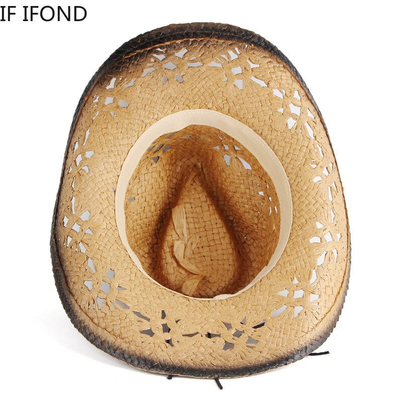 100% Natural Straw Women Men Western Cowboy Hat Summer Handmade Hollow Sombrero Hombre Beach Sun Hat Cowgirl Jazz Hat