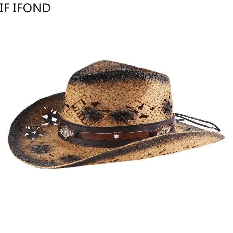100% Natural Straw Women Men Western Cowboy Hat Summer Handmade Hollow Sombrero Hombre Beach Sun Hat Cowgirl Jazz Hat