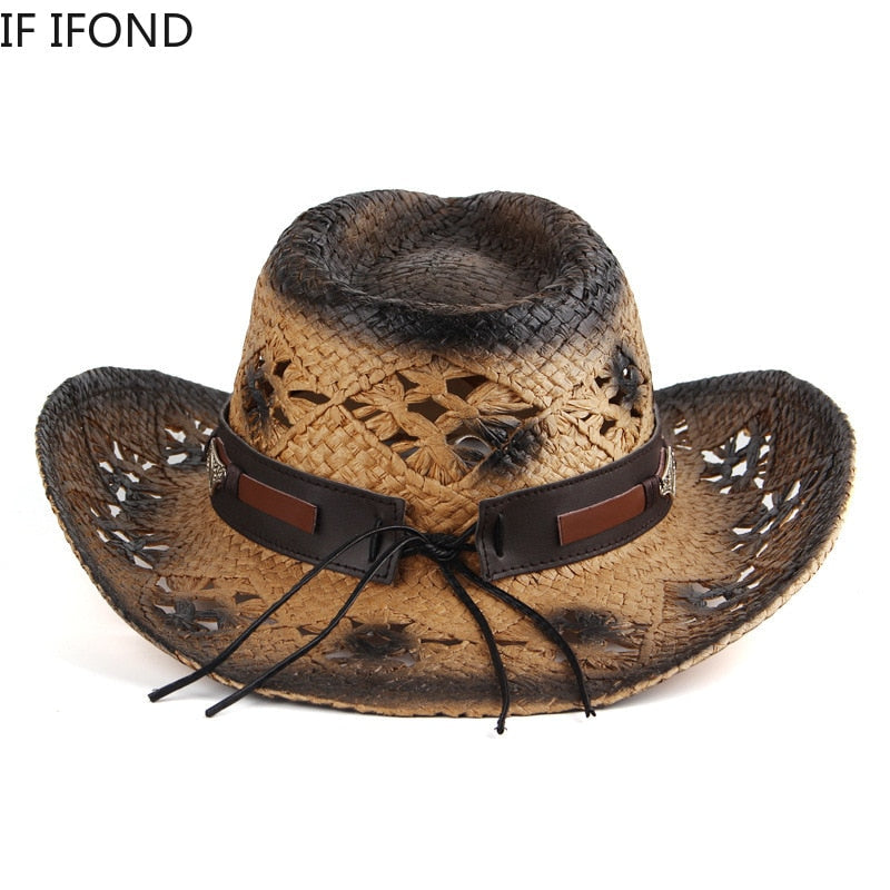 100% Natural Straw Women Men Western Cowboy Hat Summer Handmade Hollow Sombrero Hombre Beach Sun Hat Cowgirl Jazz Hat