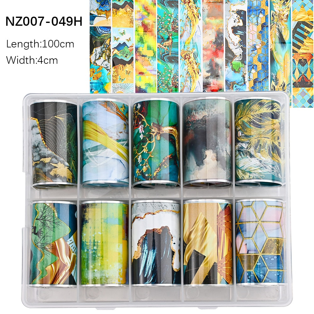 100 Patterns Animal Nail Foils 10ROLLS BOXED Transfer Paper Stickers Sliders DIY Water Marble Boxed Nail Foil NZ-1H 42