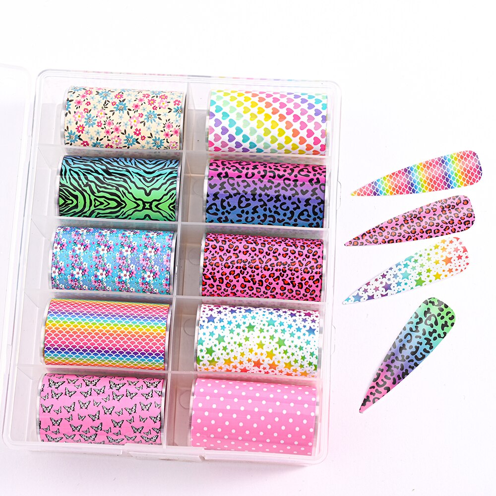 100 Patterns Animal Nail Foils 10ROLLS BOXED Transfer Paper Stickers Sliders DIY Water Marble Boxed Nail Foil NZ-1H