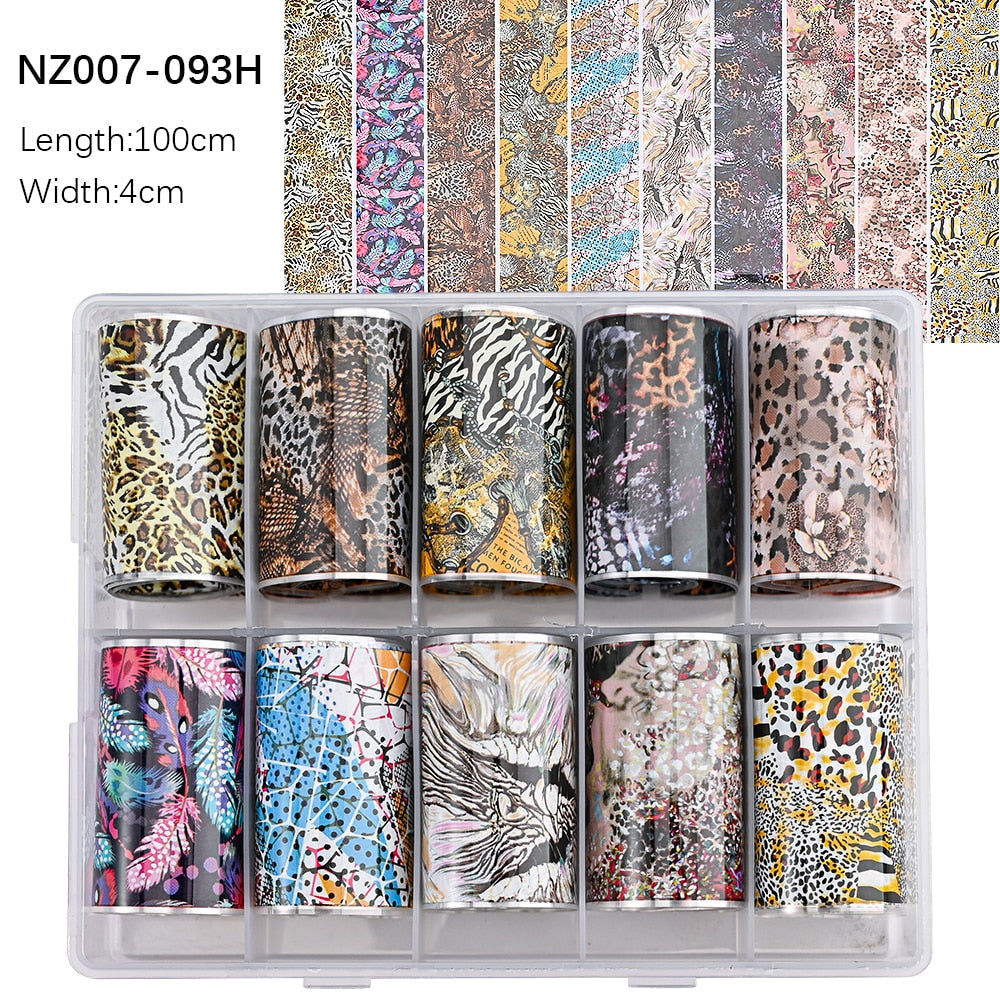 100 Patterns Animal Nail Foils 10ROLLS BOXED Transfer Paper Stickers Sliders DIY Water Marble Boxed Nail Foil NZ-1H 71