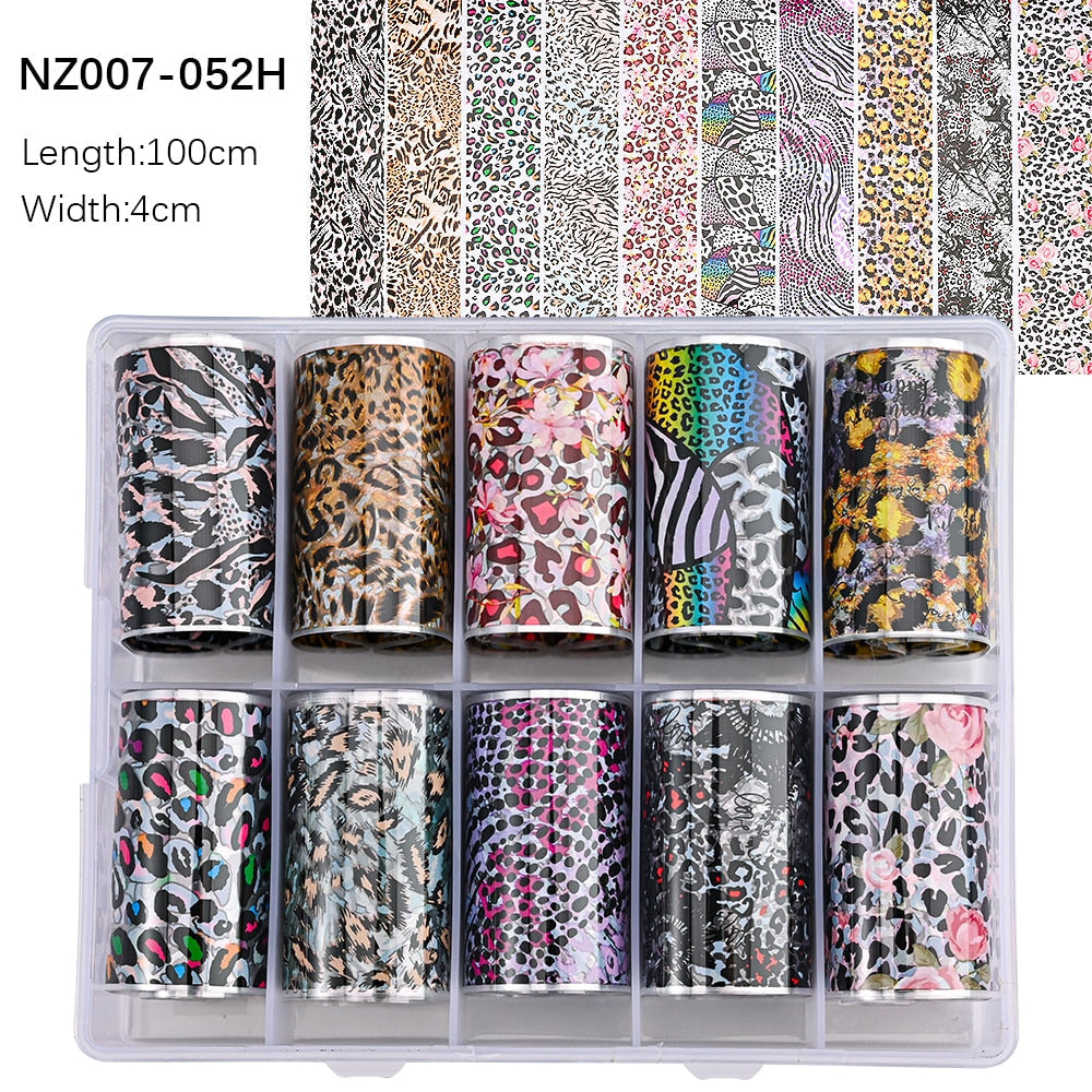 100 Patterns Animal Nail Foils 10ROLLS BOXED Transfer Paper Stickers Sliders DIY Water Marble Boxed Nail Foil NZ-1H 45
