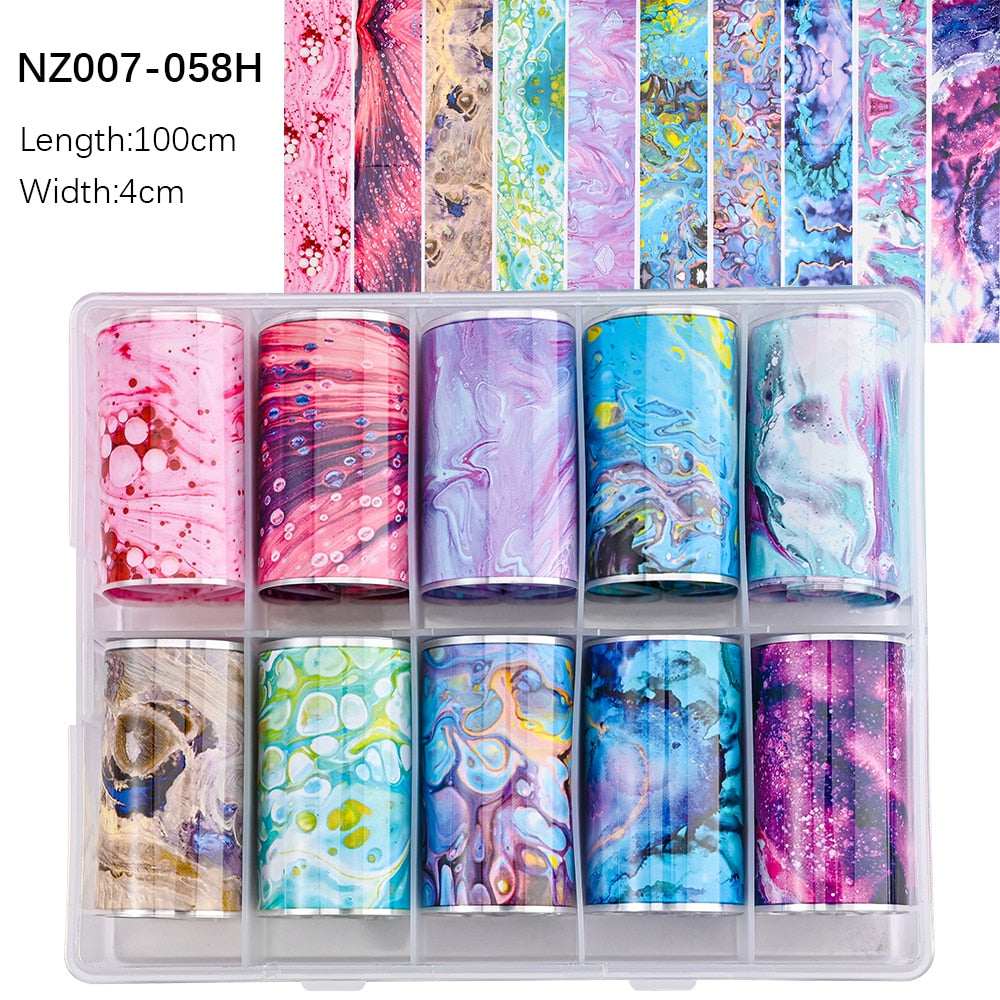 100 Patterns Animal Nail Foils 10ROLLS BOXED Transfer Paper Stickers Sliders DIY Water Marble Boxed Nail Foil NZ-1H 48
