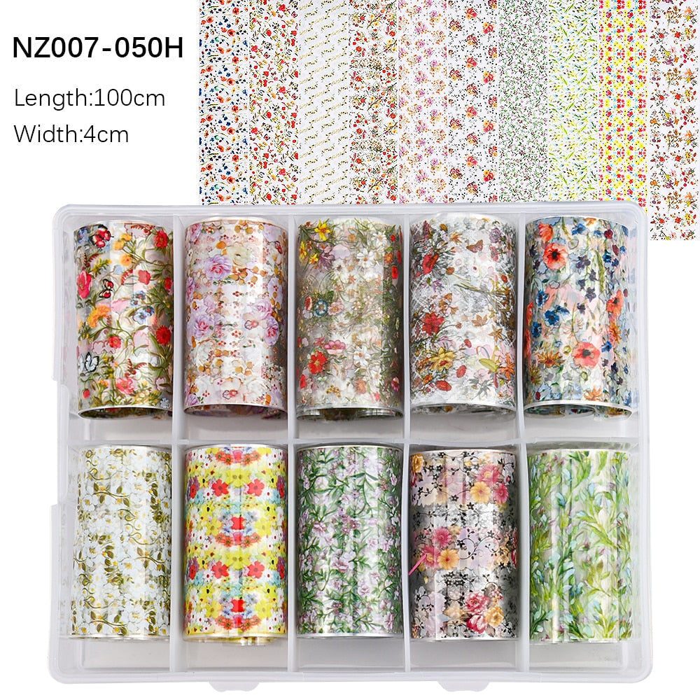 100 Patterns Animal Nail Foils 10ROLLS BOXED Transfer Paper Stickers Sliders DIY Water Marble Boxed Nail Foil NZ-1H 43