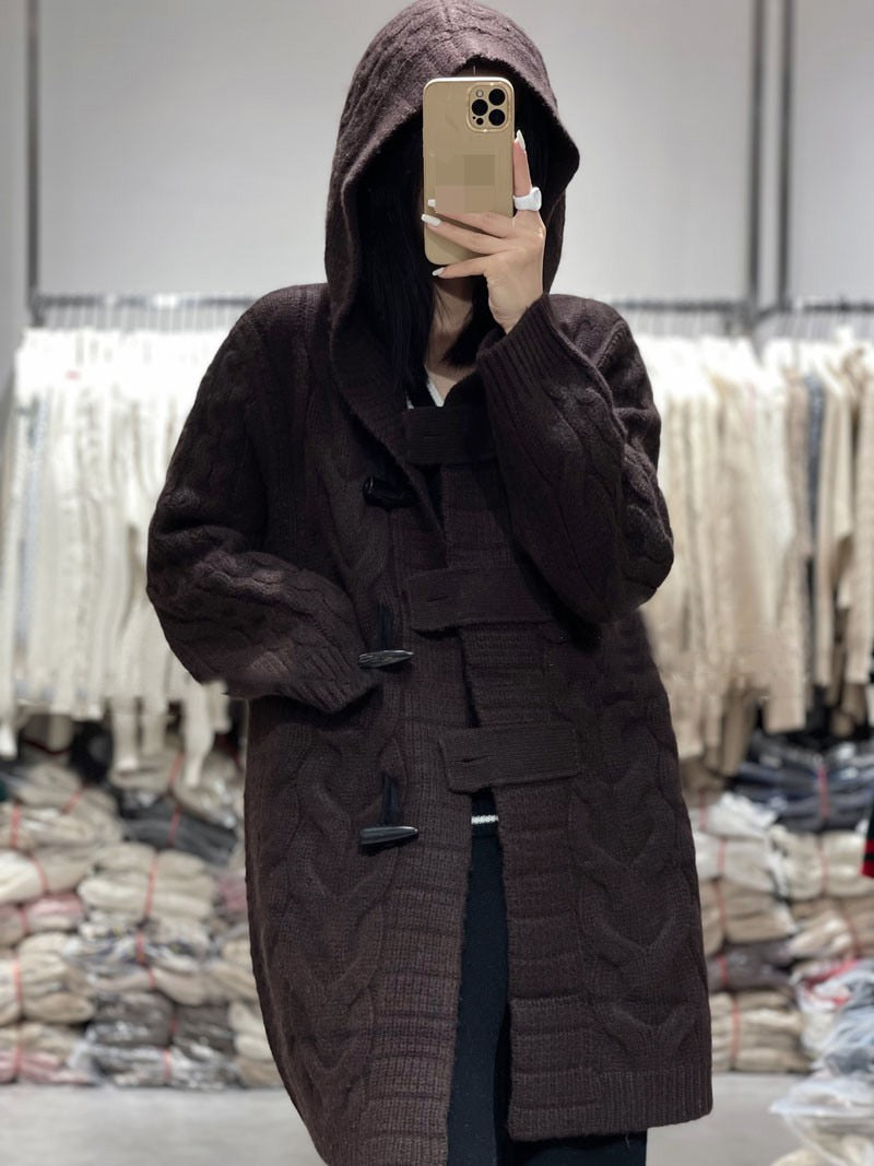 100% Pure Wool Cashmere Sweater Woman Hooded Collar Long-style Cardigan Knit Tops Autumn Winter Warmth Thick Horn Button Outwear Coffee