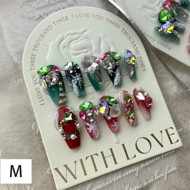 10Pcs Long False Nails Diamond Snowflake Design Press on Nails Tips Party Christmas Festival Double Color Mandarin Duck Manicure M Style A